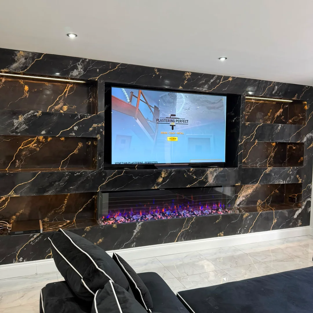 Polished Plaster Media Wall by Plastering Perfect - Venetian Plaster and Marble Plaster in Glasgow Scotland